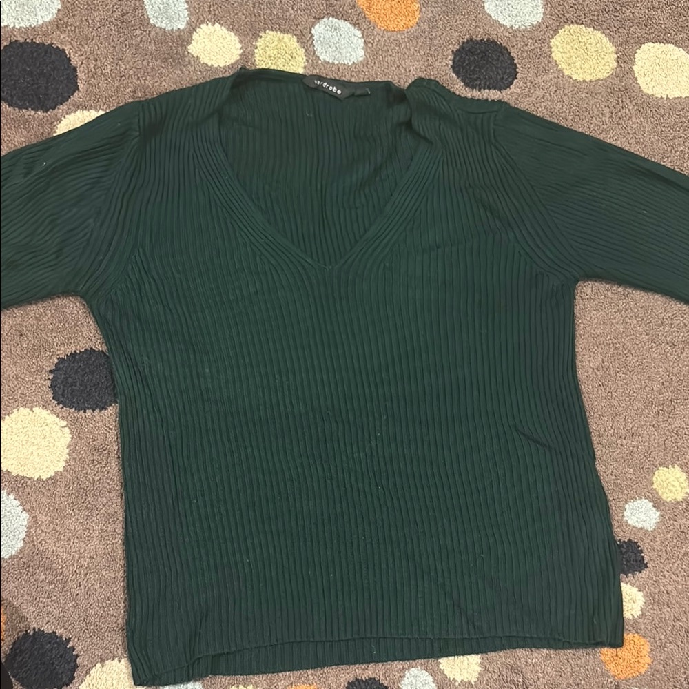 Ribbed V-Neck Sweater - Dark Green